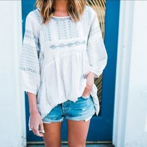 Free People White and Blue Embroidered Tunic